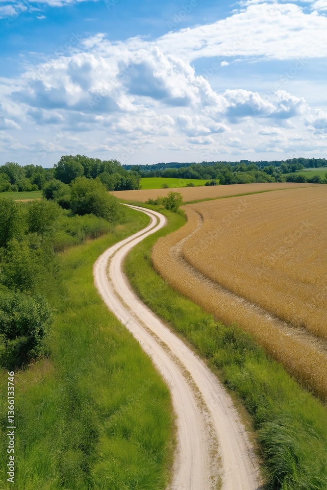 Rural curved path through green fields and wheat under cloudy sky Rural curved path through green fields and wheat under cloudy sky