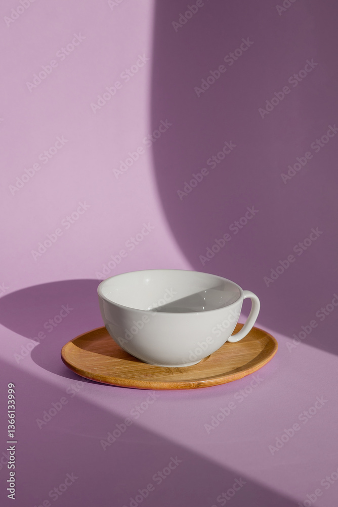 Fototapeta premium A white cup on a wooden saucer is depicted on a purple background. The concept of tableware for tea and coffee, cutlery.