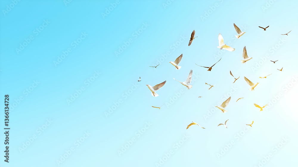 Obraz premium Flying Seagulls Against A Light Blue Sky