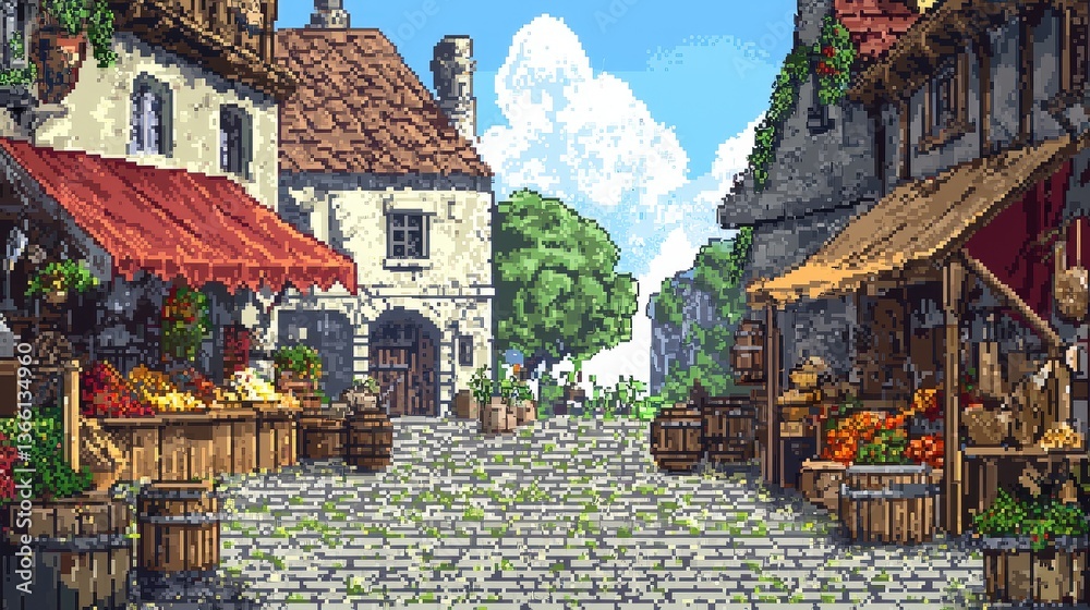 Fototapeta premium Pixel art night garden with glowing flora under a starlit sky, vibrant and dreamlike, symbolizing magic and serenity. Perfect for fantasy games, retro backgrounds, and digital scenery.