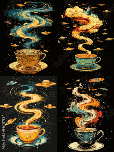 Set of surreal illustrations showing teacups with swirling galactic steam and planets, perfect for fantasy art, cosmic dreams, and creative beverage-themed space designs.

