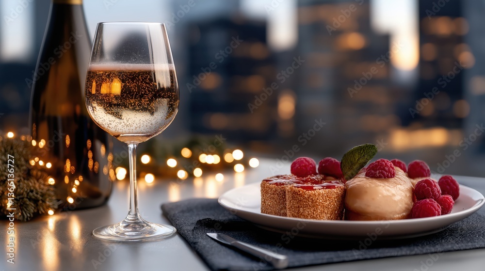 Naklejka premium Romantic rooftop dinner featuring delicious desserts, sparkling wine, and enchanting fairy lights with a stunning city skyline at dusk