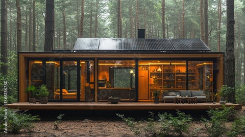 Modern solar-powered cabin in forest, illuminated interior, tranquil background, ideal for sustainable living brochures