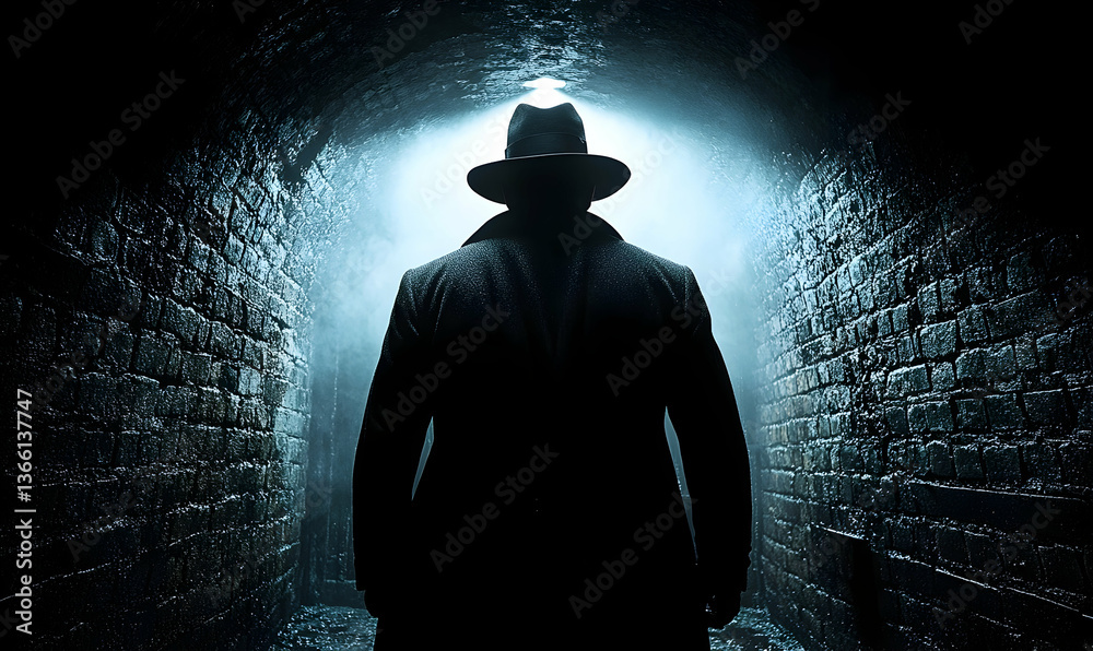 Mysterious figure in a dark, brick tunnel, backlit by a bright light at the end. Shadowy and suspenseful Mysterious figure in a dark, brick tunnel, backlit by a bright light at the end. Shadowy and suspenseful
