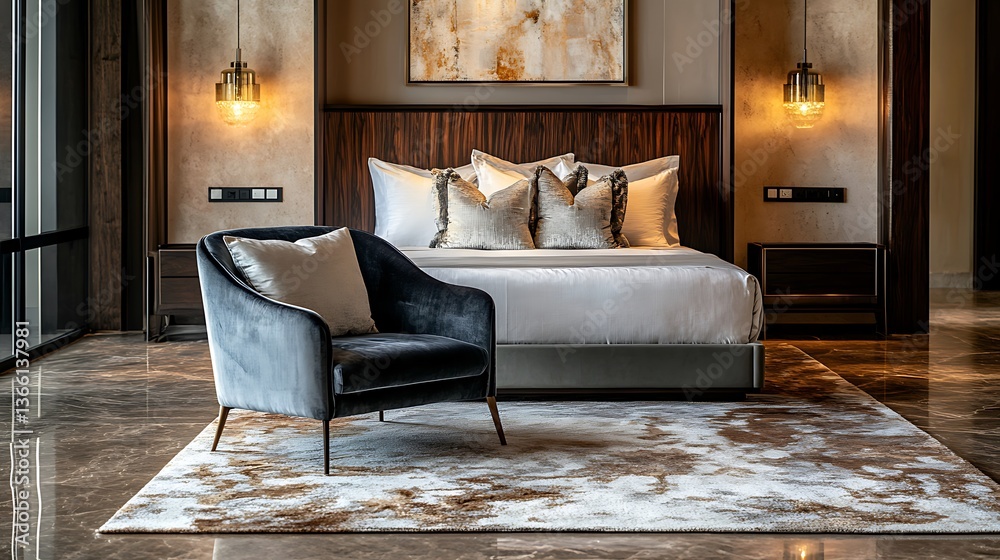 Fototapeta premium A modern, luxury bedroom with a bed framed by a grand, dark wood headboard, surrounded by plush pillows. 