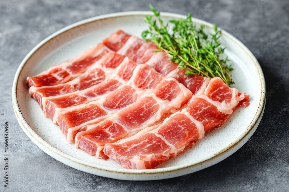 Fresh Pork Collar Slices with Thyme on Plate for Cooking Fresh Pork Collar Slices with Thyme on Plate for Cooking