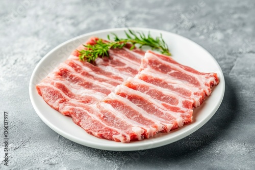 Preparing Raw Pork Belly Slices on White Plate with Rosemary Sprigs