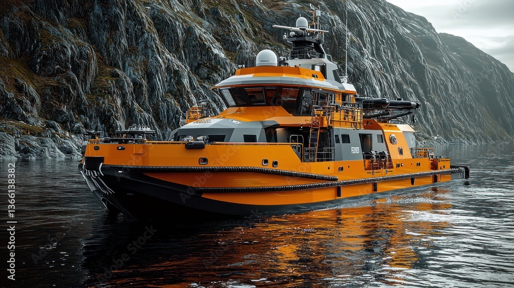 Obraz premium Orange rescue boat navigating fjord, rocky cliffs background, maritime safety
