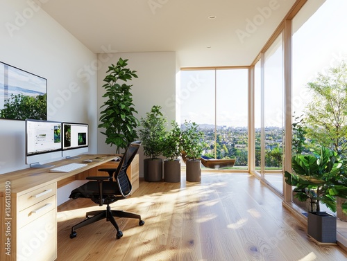 Minimalist workspace design home office interior photography bright environment low-angle viewpoint aesthetic concept