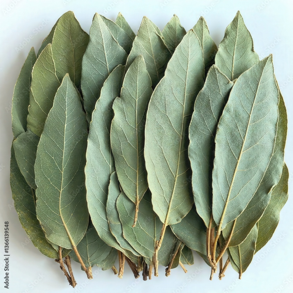 Obraz premium Fresh bay leaves arrangement for culinary and herbal use on light background