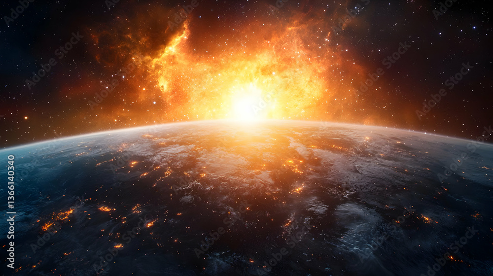 Obraz premium Earth Exploding In Space With Fiery Sunset