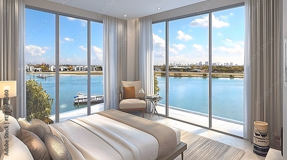Fototapeta premium Modern Bedroom Interior Overlooking a Serene Lake with Large Windows and Abundant Natural Light