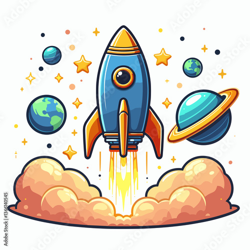 Fototapeta Naklejka Na Ścianę i Meble -  A blue rocket is flying through space with a planet and a star behind it