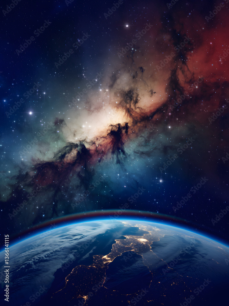 Fototapeta premium Earth's curve meets vibrant cosmic clouds with a colorful atmospheric band and glittering city lights against a starry background.