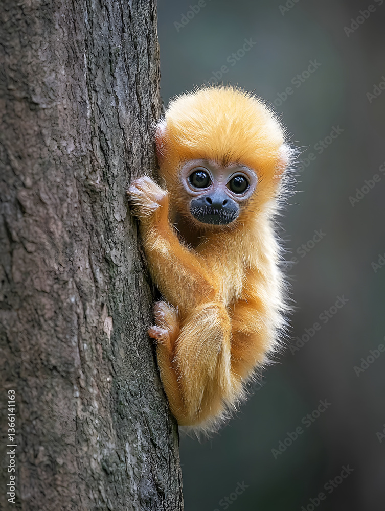 Fototapeta premium Golden baby monkey clinging to a tree trunk its big expressive eyes gazing directly at the viewer.