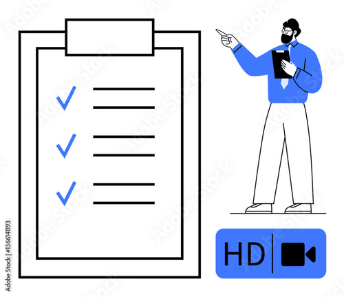 Large checklist with checkmarks, person gesturing with notepad, HD video icon. Ideal for productivity, organization, online learning, presentations, business education digital planning. Flat simple