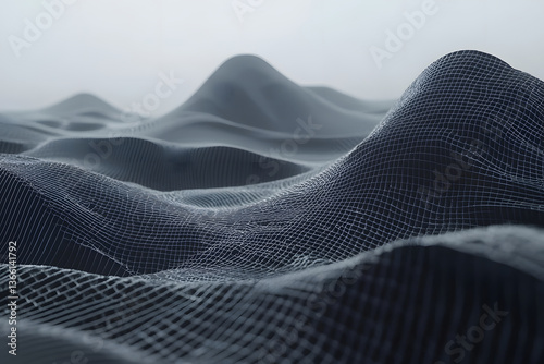 Abstract wireframe landscape of gently rolling hills fades into a hazy muted background.