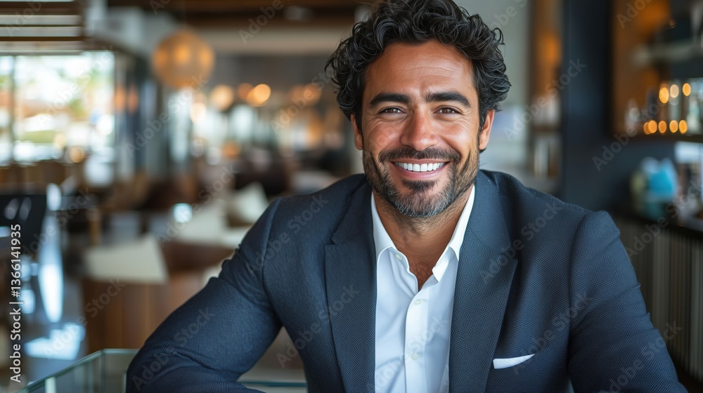 Obraz premium Smiling man in stylish restaurant attire enjoying a casual moment indoors