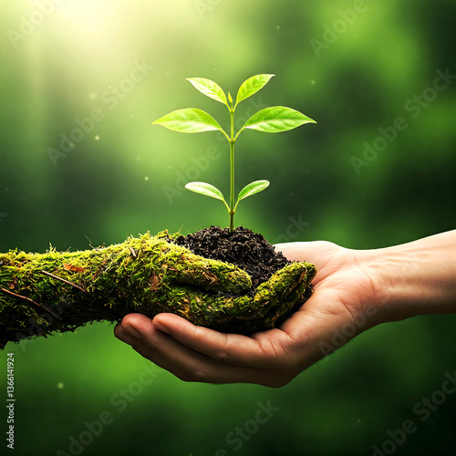 A young plant nurtured in a symbolic gesture of environmental stewardship.