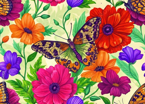 seamless pattern with flowers and butterflies