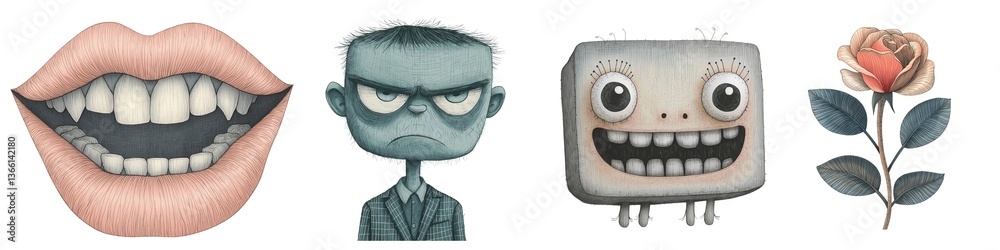 Vector illustration showcasing cartoon faces with distinct emotions. Features an angry face, happy face, large smiling mouth, and a red rose, highlighting various expressive characters. Vector illustration showcasing cartoon faces with distinct emotions. Features an angry face, happy face, large smiling mouth, and a red rose, highlighting various expressive characters.