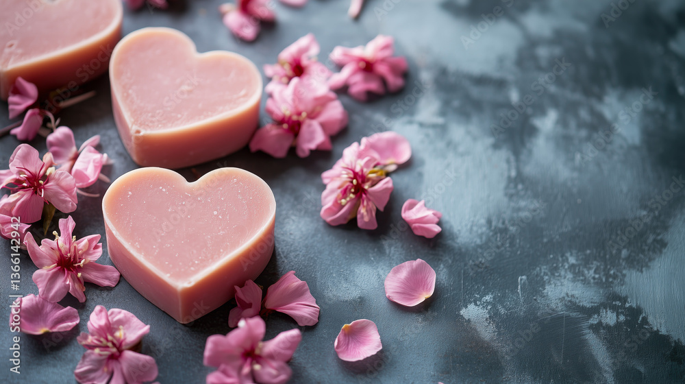 Obraz premium Pink heartshaped organic handmade soap bars with flowers and petals with copy space, Skincare spa product, AI generated