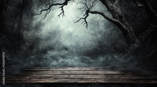 Eerie silhouette of a dead tree enhances the Halloween theme.