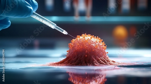 Gloved hand injecting serum into cancer cell with syringe in laboratory, offering hope for innovative treatment and medical research advancements in oncology