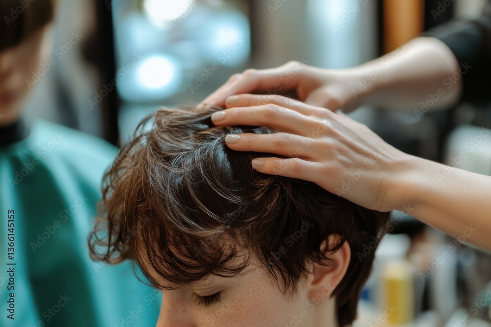 Fototapeta premium Hairdresser styles a young man's curly hair in a bright salon during the afternoon