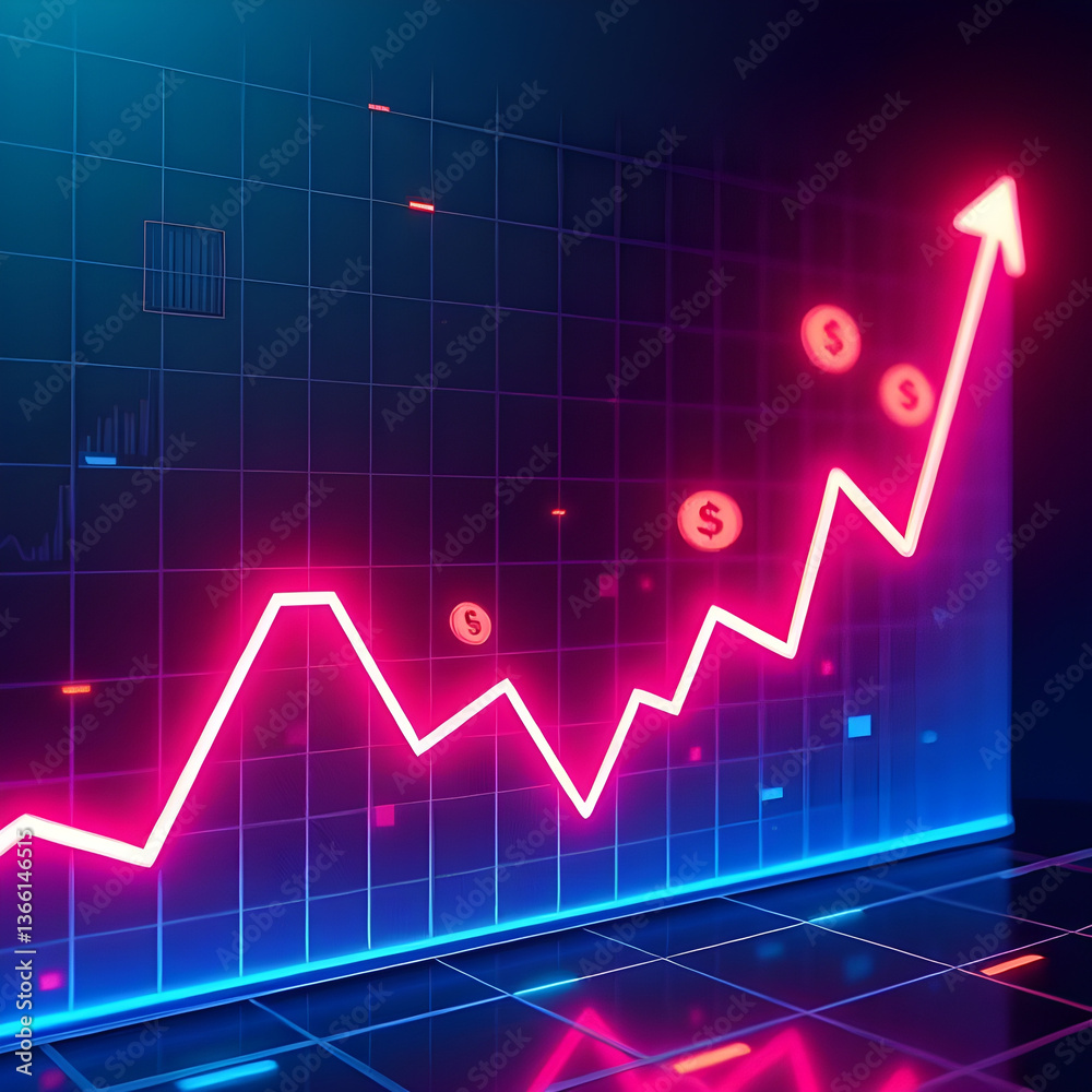 Futuristic Digital Trading Chart with Glowing Upward Trend, Neon Colors, Holographic Effects, Pixelated Money Symbols, Digital Coins Futuristic Digital Trading Chart with Glowing Upward Trend, Neon Colors, Holographic Effects, Pixelated Money Symbols, Digital Coins