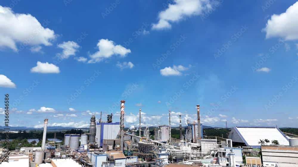 Vídeo 4k capturado por drone mostrando uma vista panorâmica do horizonte com a indústria de papel e celulose ao fundo, destacando sua grande planta industrial e operações de produção