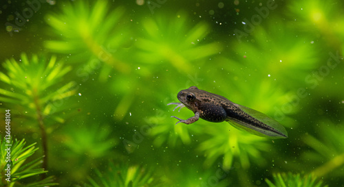 Spring awakening of a tadpole exploring its underwater habitat