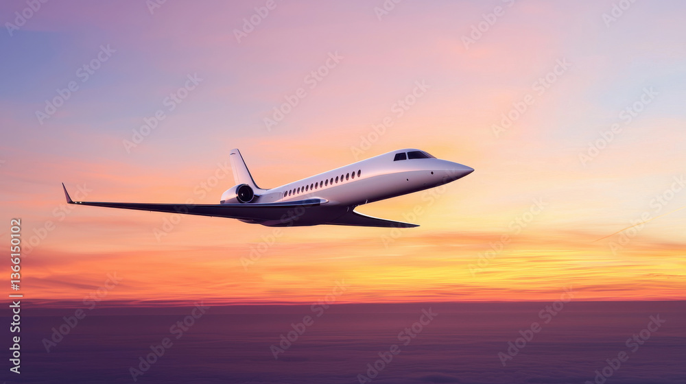 A private jet soaring through a colorful sunset sky, highlighting freedom and travel. A private jet soaring through a colorful sunset sky, highlighting freedom and travel.