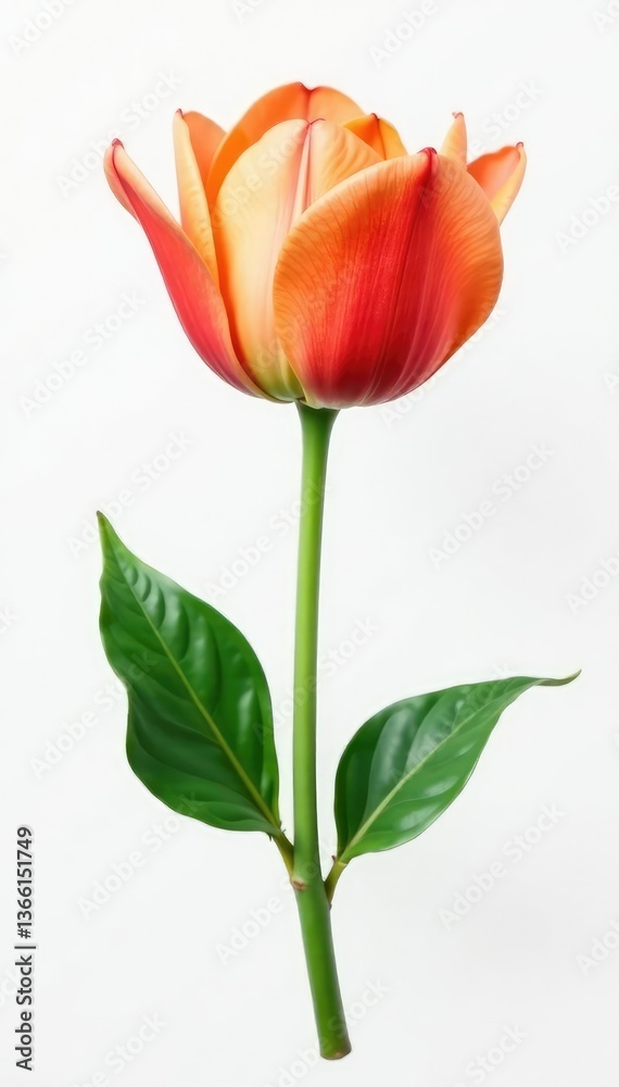 Single flower with stem and leaves on white background, single bloom, nature, bloom Single flower with stem and leaves on white background, single bloom, nature, bloom