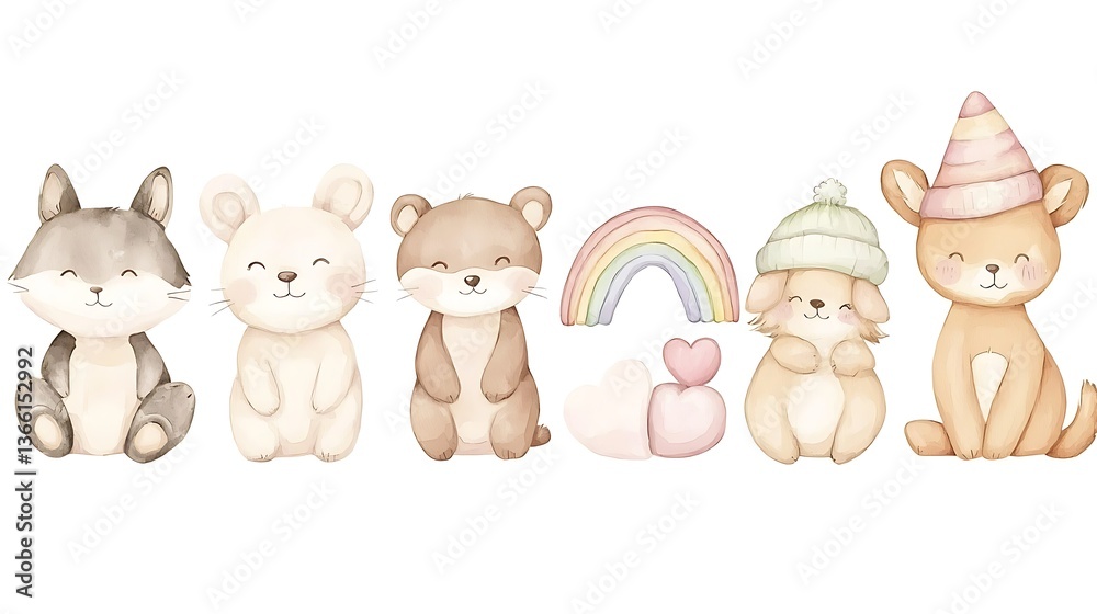 Obraz premium design cute animal wear suite with water color style in white background isolated on white,remain space between border each corner and rainbow and toy and hat and heart 