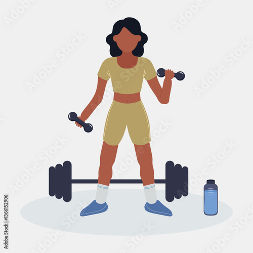 woman doing exercise with dumbbells, female character training, healthy life. Practicing sport. Flat design, vector illustration
