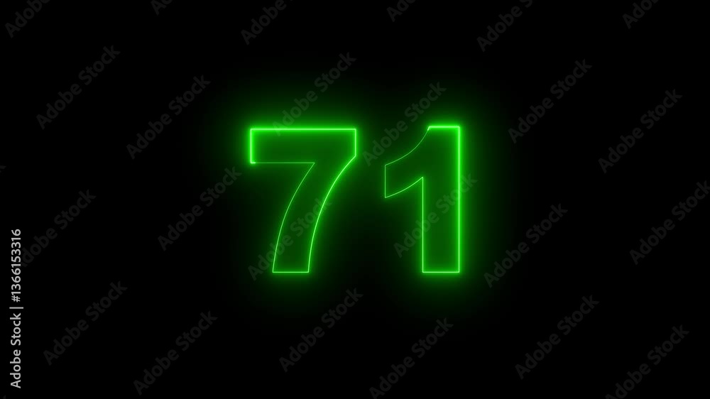 71 number neon text animation on black background. Neon number 71 with alpha channel, neon numbers, Bright neon glowing number 71, Energy Neon green Number 71.. 71 number neon text animation on black background. Neon number 71 with alpha channel, neon numbers, Bright neon glowing number 71, Energy Neon green Number 71..