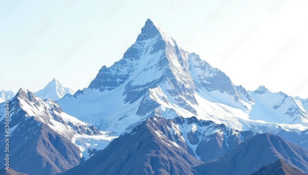 Obraz premium Snow-covered mountain peak against a clear white sky, peak, high altitude