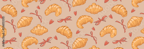 Seamless pattern of french croissant and cute flirty vintage bows. Fresh pastries and coquette decorations, for menu, cafe, bakery, packaging. Coquette vector background of sweet food and bows.