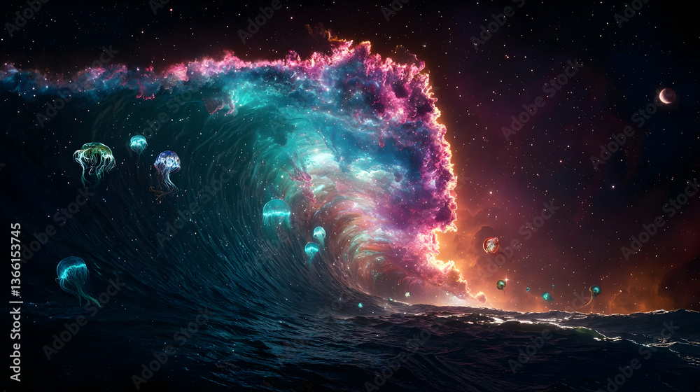 Cosmic Wave Of Energy And Lights With Floating Creatures Above A City Under A Starry Nebula Sky Cosmic Wave Of Energy And Lights With Floating Creatures Above A City Under A Starry Nebula Sky