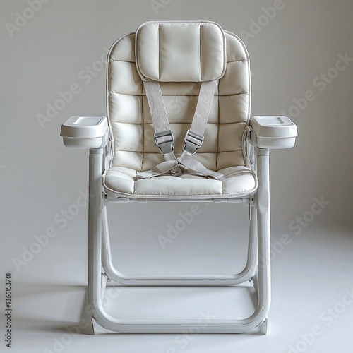 Modern high chair design with beige upholstery and safety straps for baby furniture and interior decor