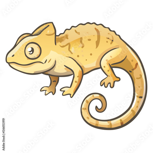 An Illustration of a Chameleon with distinctive features like a curled tail and an observant eye. Its skin is a muted yellow color, and it appears to be in a relaxed pose.