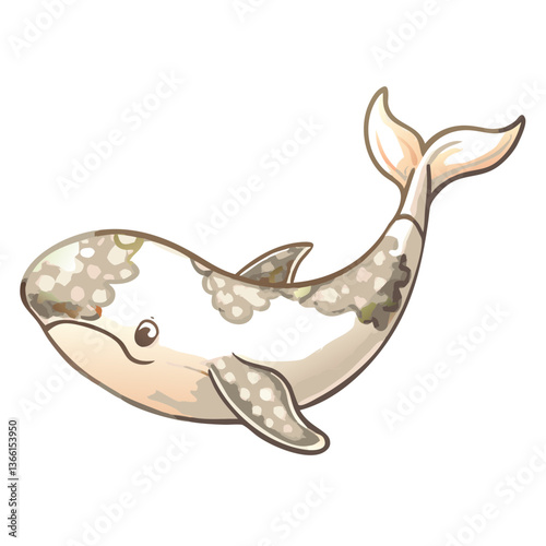 an adorable cartoon whale with a charming expression, inviting viewers into an underwater world. Its design evokes a sense of wonder and playfulness