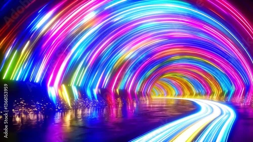a tunnel of colorful lights, offering a sense of adventure and endless possibilities. The bright, radiant hues of the tunnel create a futuristic and exciting atmosphere