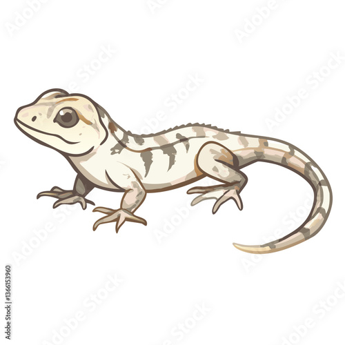 a detailed illustration of a gecko featuring a light cream color, and some striped patterns and is on the prowl. It is facing the viewer and stands out with its fine details