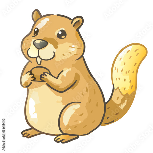 adorable cartoon squirrel holding a nut, with a fluffy tail and a cute expression on its face