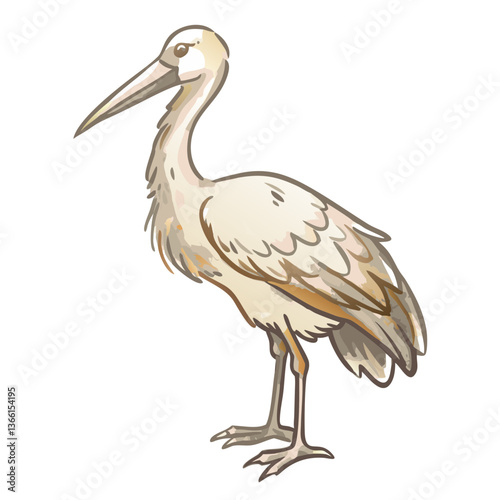 Illustration of an elegant stork with long neck and beak, standing tall, ready for a flight