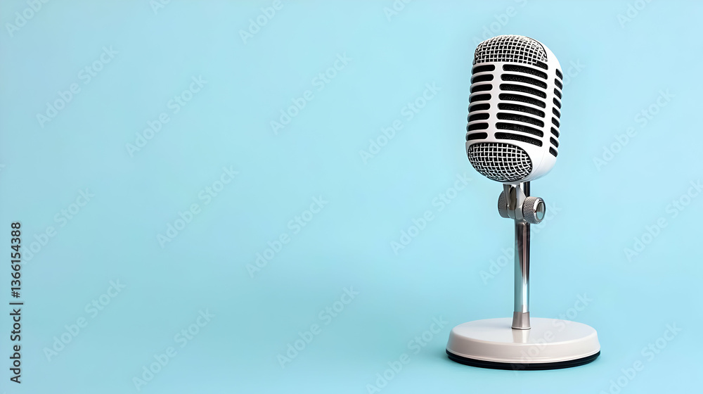 Fototapeta premium Vintage Microphone On Light Blue Background