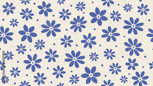 blue floral pattern featuring symmetrical designs of varied petal flowers on a clean white background for textile prints, wallpaper, graphic design projects, stationery, and gift wrapping
