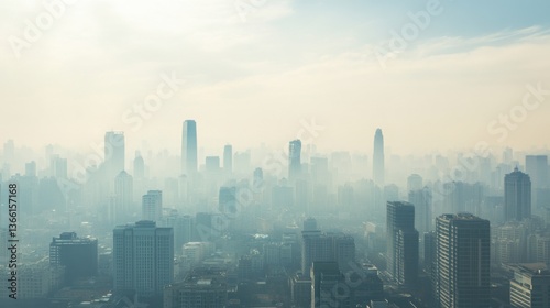 An AI powered system providing real time air quality monitoring in a polluted city, urban skyline with real-time environmental data and pollution management, Environmental monitoring technology style